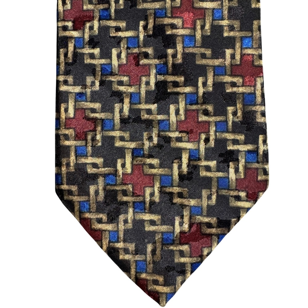 Christian Dior Monsieur Silk Tie Geometric Basketweave Gold Burgundy Blue USA